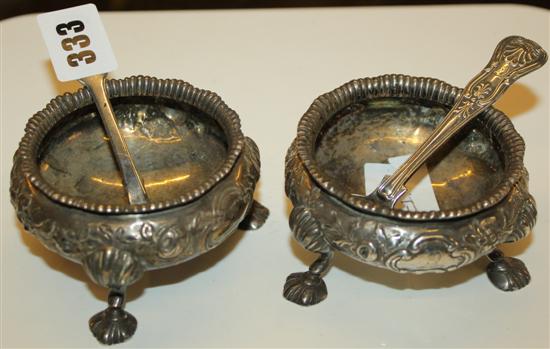 Pair of Victorian silver cauldron salts & two silver mustard ladles